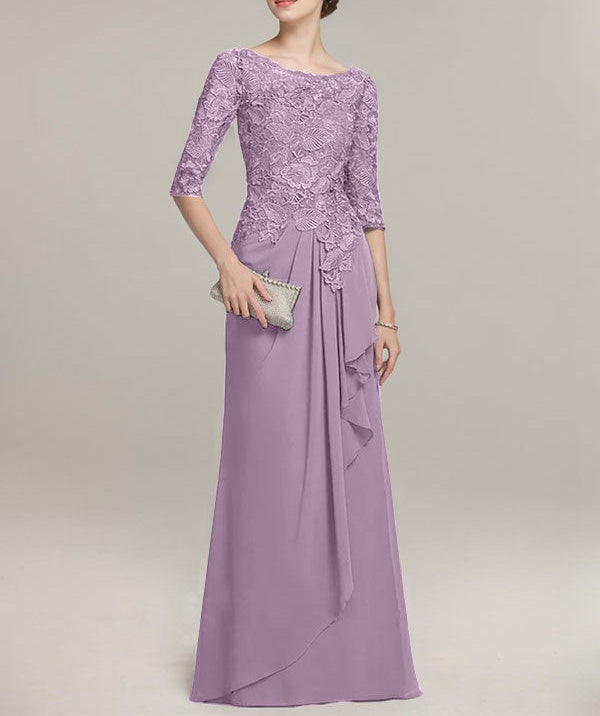 A-line Scoop Illusion Floor-Length Lace Chiffon Mother of the Bride Dress With Cascading Ruffles