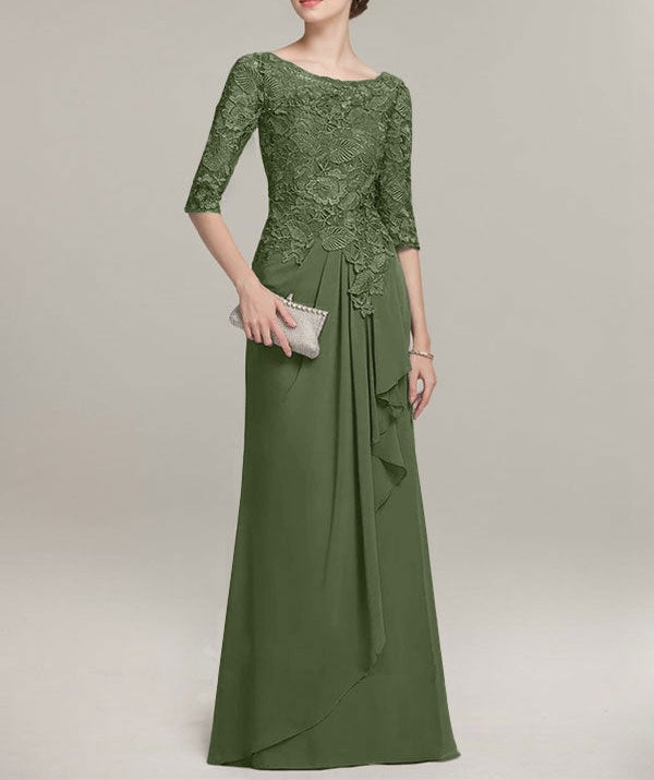 A-line Scoop Illusion Floor-Length Lace Chiffon Mother of the Bride Dress With Cascading Ruffles