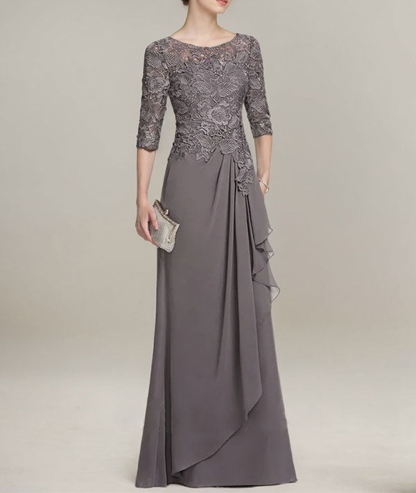 A-line Scoop Illusion Floor-Length Lace Chiffon Mother of the Bride Dress With Cascading Ruffles