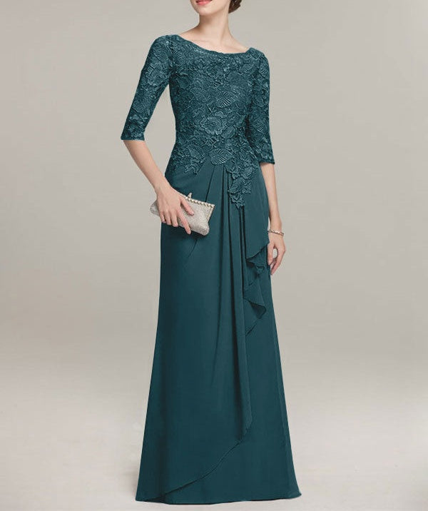 A-line Scoop Illusion Floor-Length Lace Chiffon Mother of the Bride Dress With Cascading Ruffles