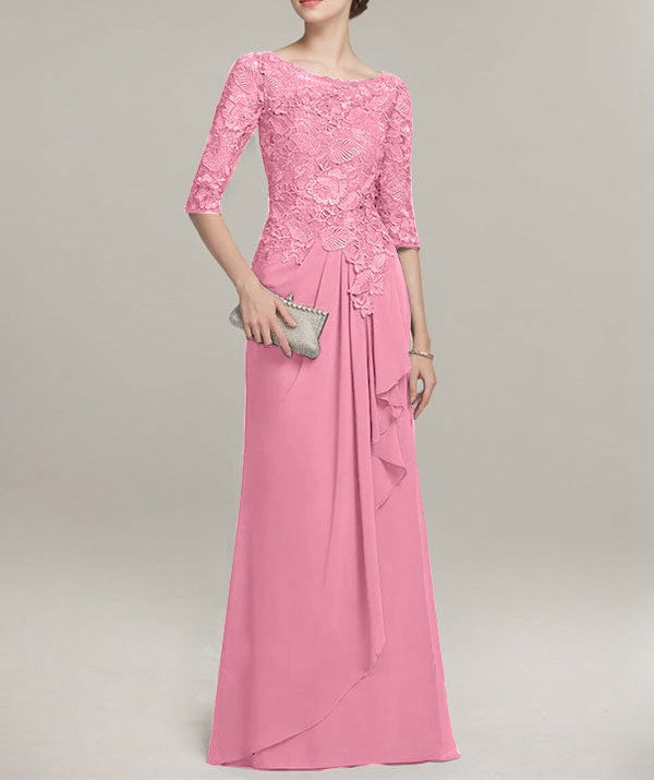 A-line Scoop Illusion Floor-Length Lace Chiffon Mother of the Bride Dress With Cascading Ruffles