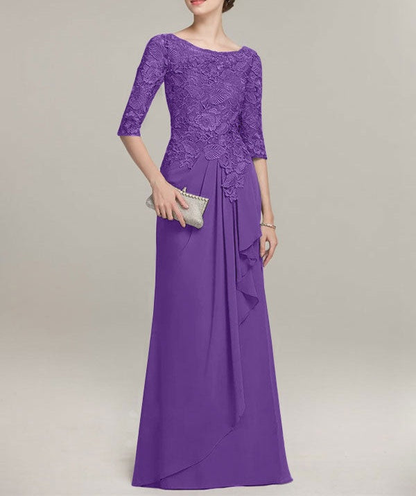 A-line Scoop Illusion Floor-Length Lace Chiffon Mother of the Bride Dress With Cascading Ruffles
