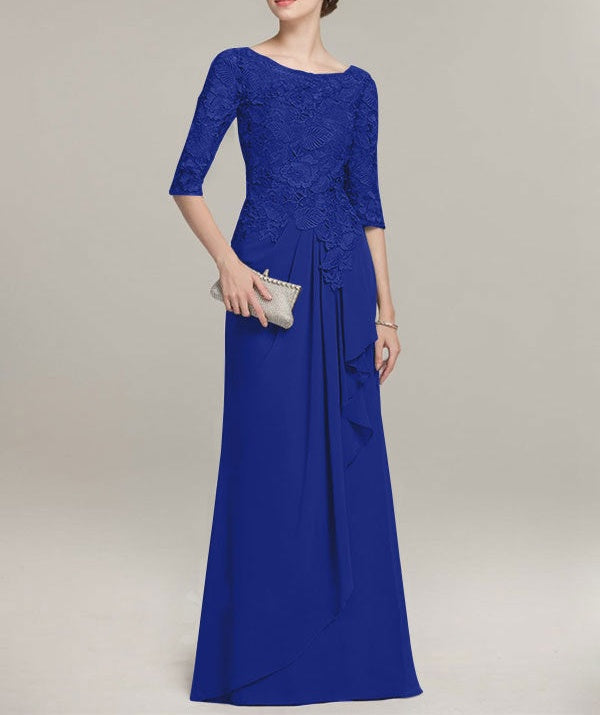 A-line Scoop Illusion Floor-Length Lace Chiffon Mother of the Bride Dress With Cascading Ruffles
