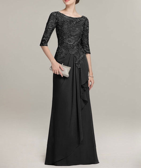 A-line Scoop Illusion Floor-Length Lace Chiffon Mother of the Bride Dress With Cascading Ruffles