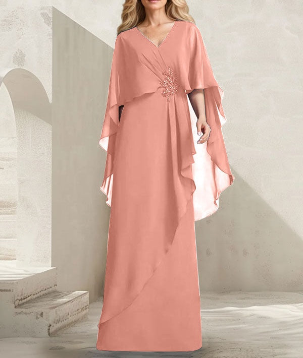 A-line V-Neck Floor-Length Chiffon Mother of the Bride Dress With Cascading Ruffles Beading