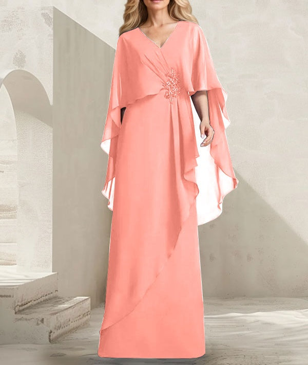 A-line V-Neck Floor-Length Chiffon Mother of the Bride Dress With Cascading Ruffles Beading