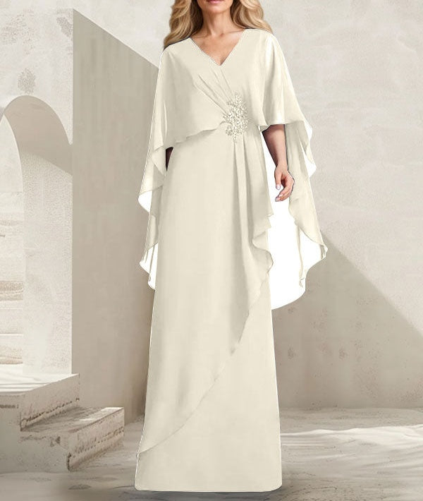 A-line V-Neck Floor-Length Chiffon Mother of the Bride Dress With Cascading Ruffles Beading