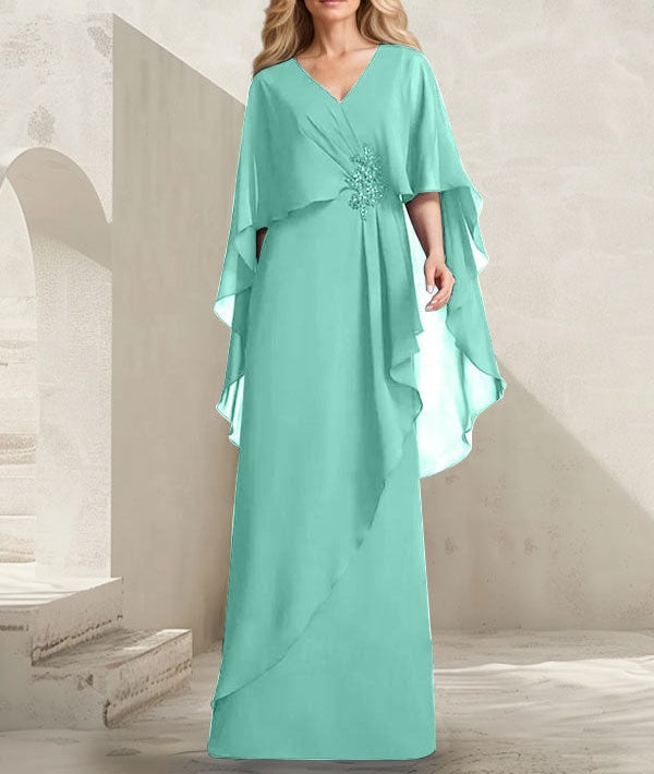 A-line V-Neck Floor-Length Chiffon Mother of the Bride Dress With Cascading Ruffles Beading