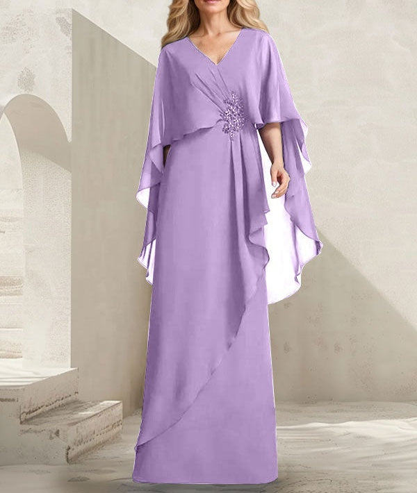 A-line V-Neck Floor-Length Chiffon Mother of the Bride Dress With Cascading Ruffles Beading