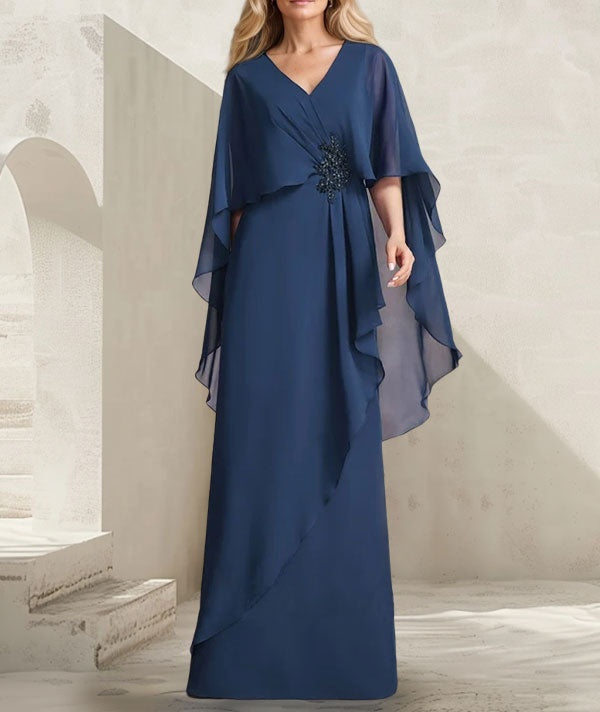A-line V-Neck Floor-Length Chiffon Mother of the Bride Dress With Cascading Ruffles Beading