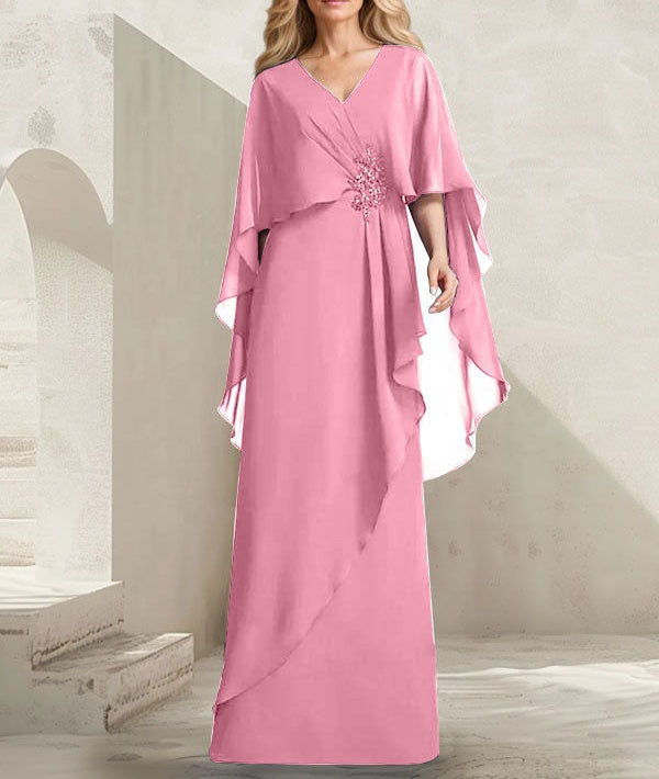 A-line V-Neck Floor-Length Chiffon Mother of the Bride Dress With Cascading Ruffles Beading