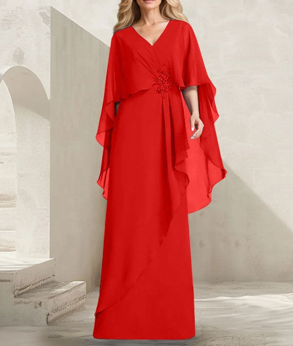 A-line V-Neck Floor-Length Chiffon Mother of the Bride Dress With Cascading Ruffles Beading