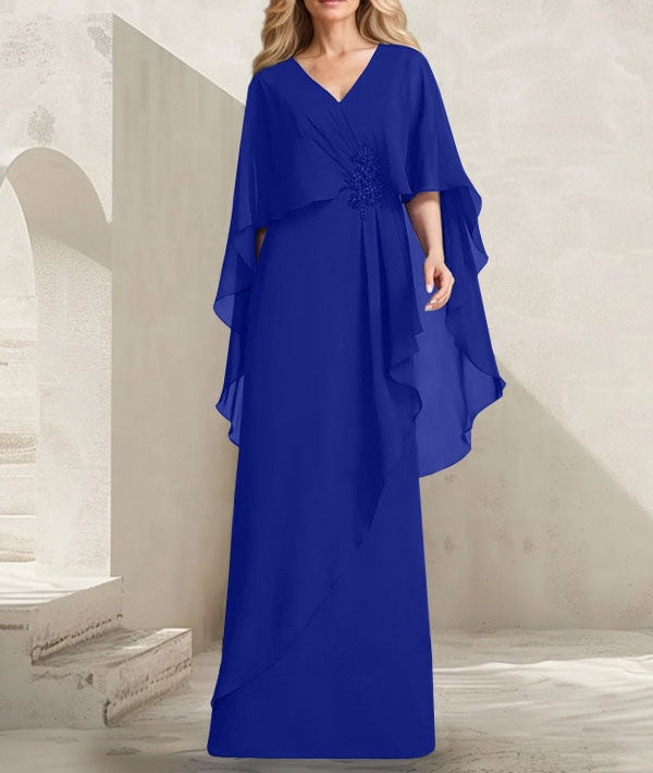 A-line V-Neck Floor-Length Chiffon Mother of the Bride Dress With Cascading Ruffles Beading