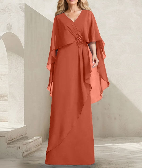 A-line V-Neck Floor-Length Chiffon Mother of the Bride Dress With Cascading Ruffles Beading