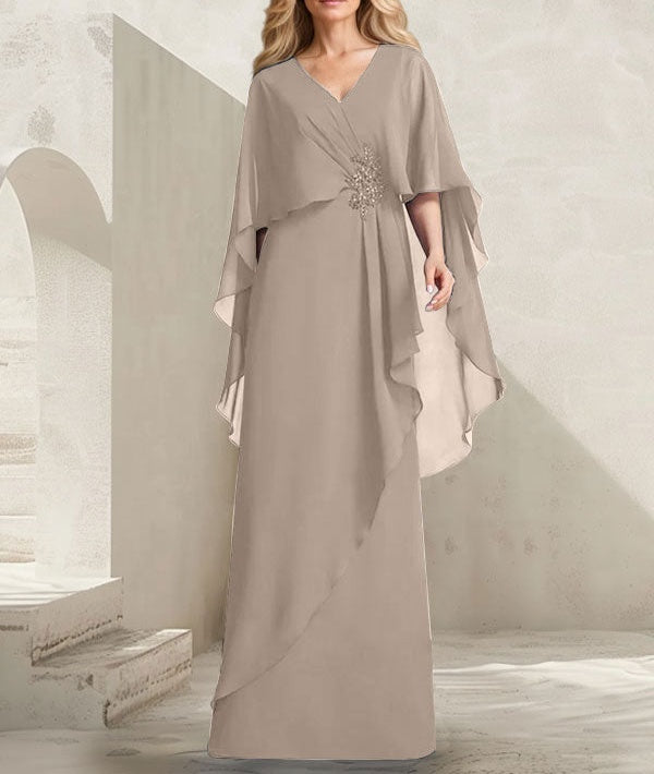 A-line V-Neck Floor-Length Chiffon Mother of the Bride Dress With Cascading Ruffles Beading