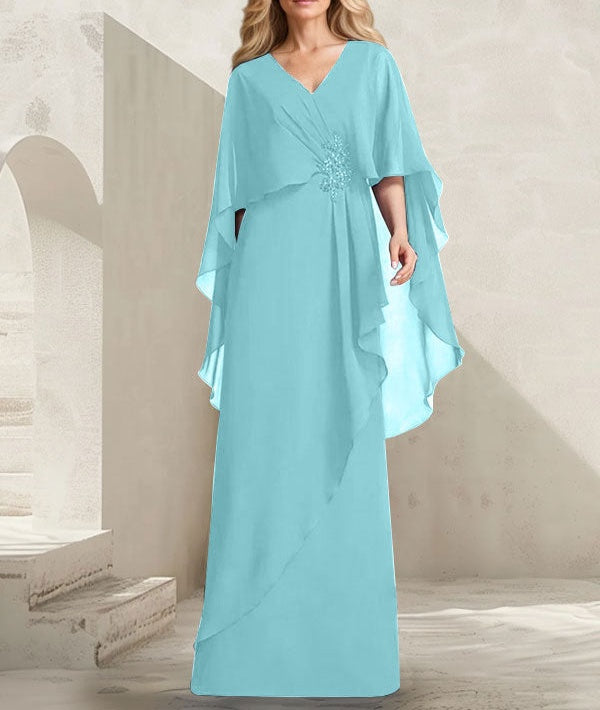 A-line V-Neck Floor-Length Chiffon Mother of the Bride Dress With Cascading Ruffles Beading