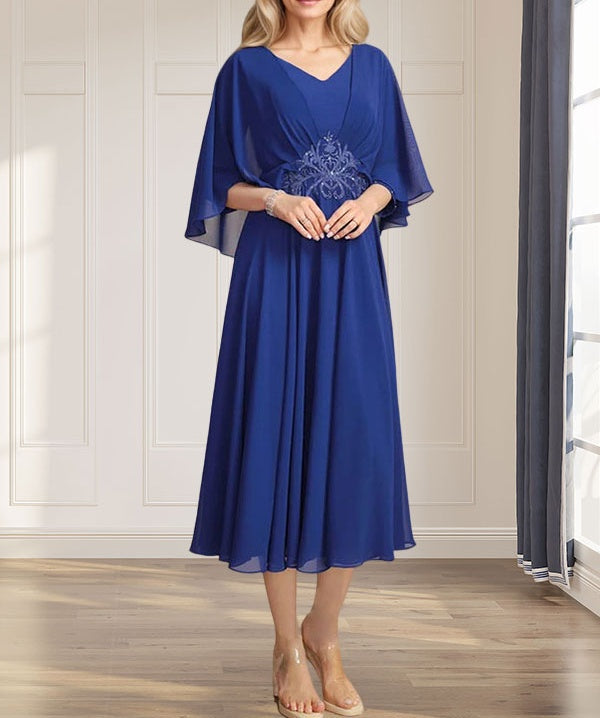 A-line V-Neck Tea-Length Chiffon Mother of the Bride Dress With Pleated Sequins Appliques Lace Beadind