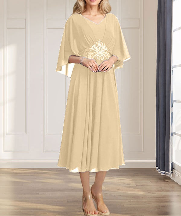 A-line V-Neck Tea-Length Chiffon Mother of the Bride Dress With Pleated Sequins Appliques Lace Beadind