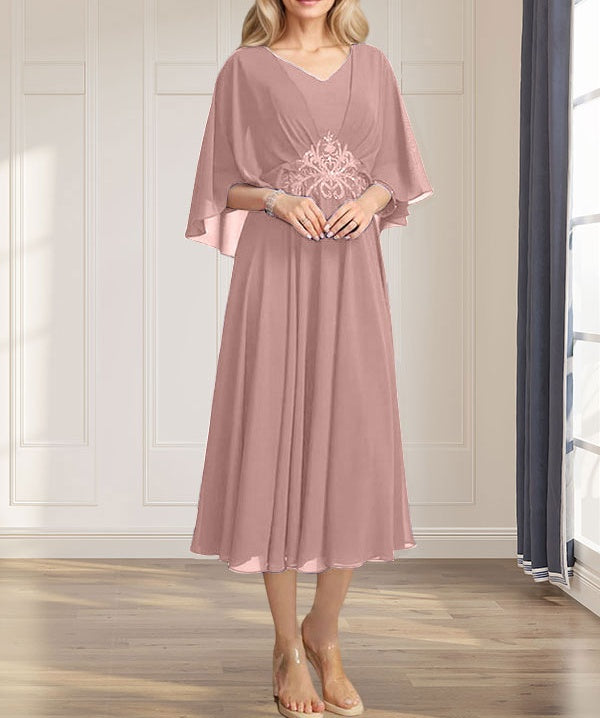 A-line V-Neck Tea-Length Chiffon Mother of the Bride Dress With Pleated Sequins Appliques Lace Beadind