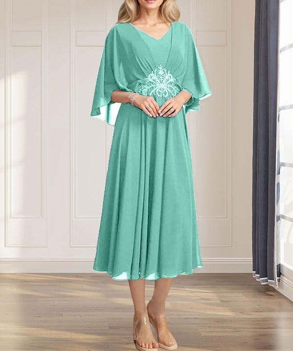 A-line V-Neck Tea-Length Chiffon Mother of the Bride Dress With Pleated Sequins Appliques Lace Beadind