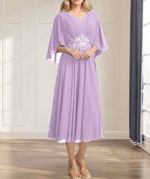 A-line V-Neck Tea-Length Chiffon Mother of the Bride Dress With Pleated Sequins Appliques Lace Beadind