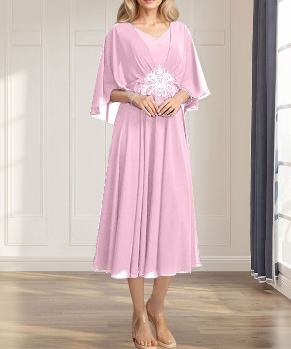 A-line V-Neck Tea-Length Chiffon Mother of the Bride Dress With Pleated Sequins Appliques Lace Beadind