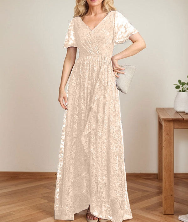 A-Line V-Neck Asymmetrical Lace Mother of the Bride Dress With Cascading Ruffles