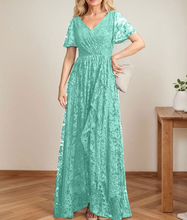 A-Line V-Neck Asymmetrical Lace Mother of the Bride Dress With Cascading Ruffles