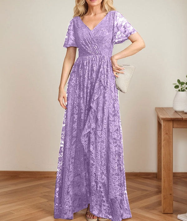 A-Line V-Neck Asymmetrical Lace Mother of the Bride Dress With Cascading Ruffles