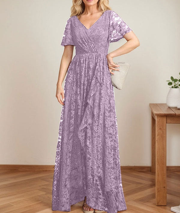A-Line V-Neck Asymmetrical Lace Mother of the Bride Dress With Cascading Ruffles