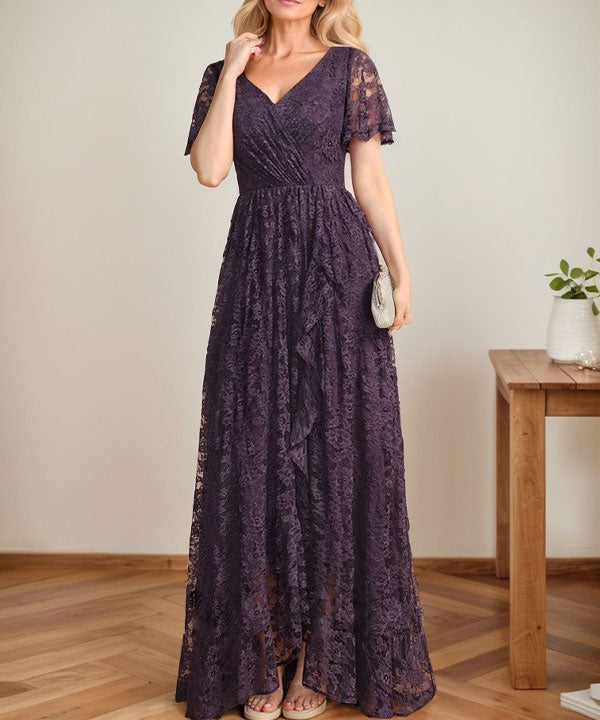 A-Line V-Neck Asymmetrical Lace Mother of the Bride Dress With Cascading Ruffles