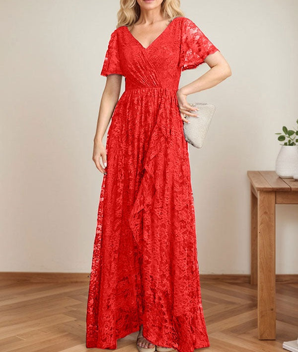 A-Line V-Neck Asymmetrical Lace Mother of the Bride Dress With Cascading Ruffles