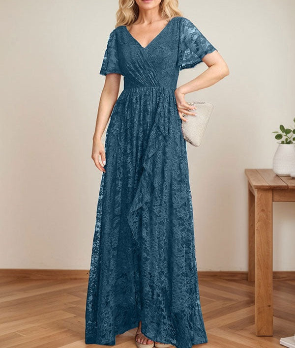 A-Line V-Neck Asymmetrical Lace Mother of the Bride Dress With Cascading Ruffles