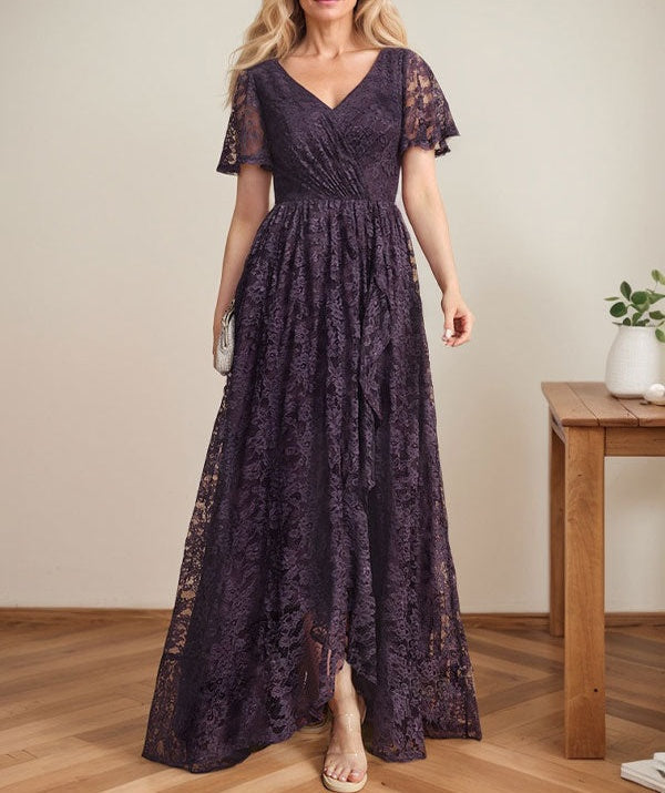A-Line V-Neck Asymmetrical Lace Mother of the Bride Dress With Cascading Ruffles