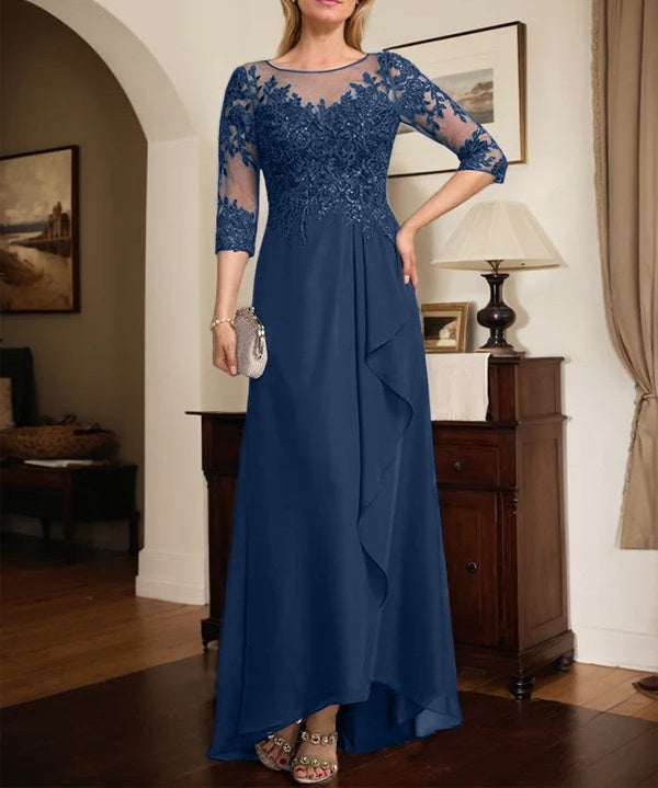 A-line Scoop Illusion Asymmetrical Lace Chiffon Mother of the Bride Dress With Sequins Cascading Ruffles