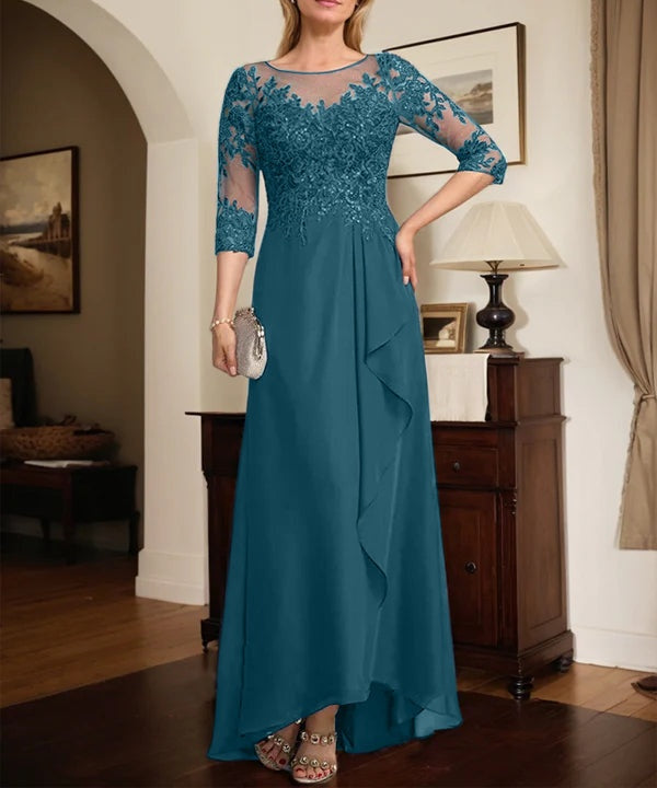 A-line Scoop Illusion Asymmetrical Lace Chiffon Mother of the Bride Dress With Sequins Cascading Ruffles