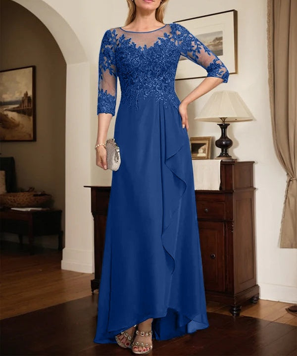 A-line Scoop Illusion Asymmetrical Lace Chiffon Mother of the Bride Dress With Sequins Cascading Ruffles