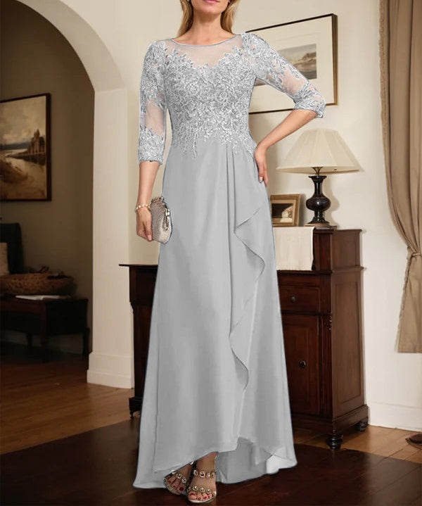 A-line Scoop Illusion Asymmetrical Lace Chiffon Mother of the Bride Dress With Sequins Cascading Ruffles