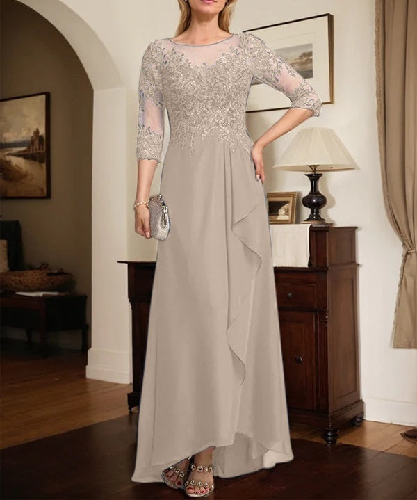 A-line Scoop Illusion Asymmetrical Lace Chiffon Mother of the Bride Dress With Sequins Cascading Ruffles