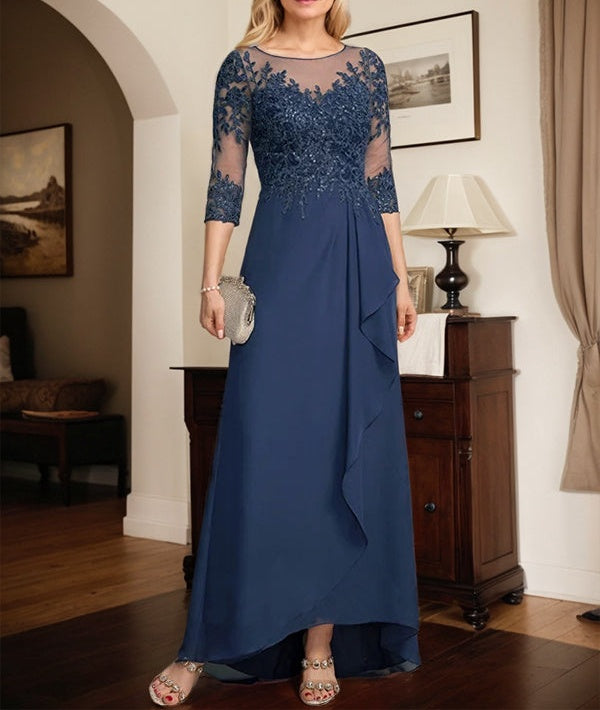 A-line Scoop Illusion Asymmetrical Lace Chiffon Mother of the Bride Dress With Sequins Cascading Ruffles