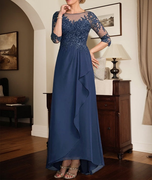 A-line Scoop Illusion Asymmetrical Lace Chiffon Mother of the Bride Dress With Sequins Cascading Ruffles