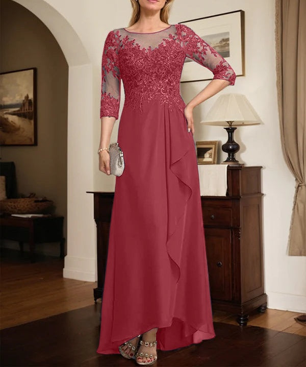 A-line Scoop Illusion Asymmetrical Lace Chiffon Mother of the Bride Dress With Sequins Cascading Ruffles