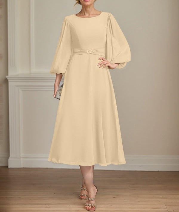 A-line Scoop Tea-Length Chiffon Mother of the Bride Dress With Crystal Brooch Pleated