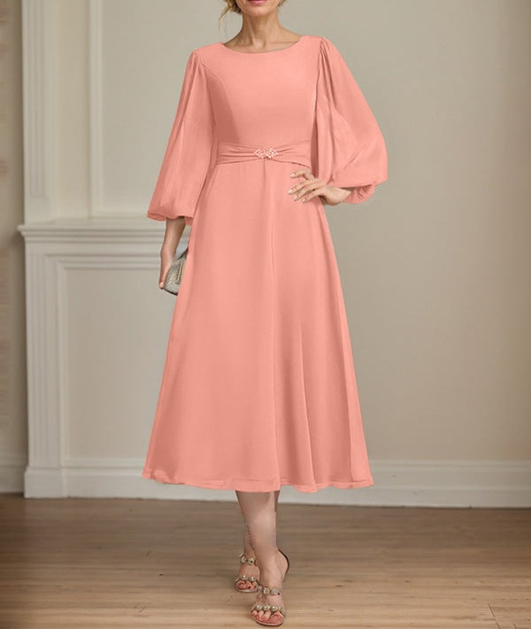 A-line Scoop Tea-Length Chiffon Mother of the Bride Dress With Crystal Brooch Pleated