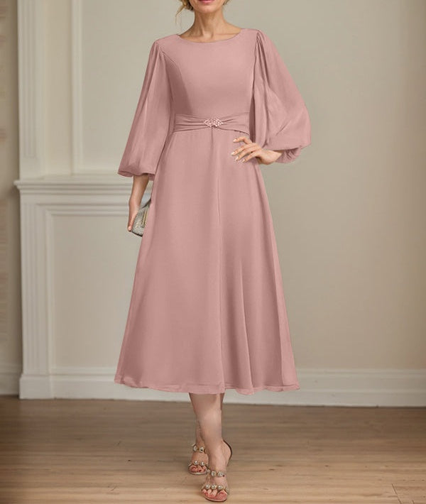 A-line Scoop Tea-Length Chiffon Mother of the Bride Dress With Crystal Brooch Pleated