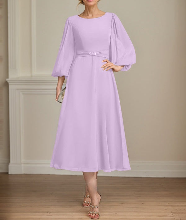 A-line Scoop Tea-Length Chiffon Mother of the Bride Dress With Crystal Brooch Pleated