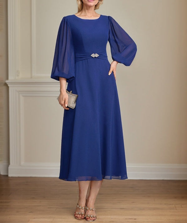 A-line Scoop Tea-Length Chiffon Mother of the Bride Dress With Crystal Brooch Pleated
