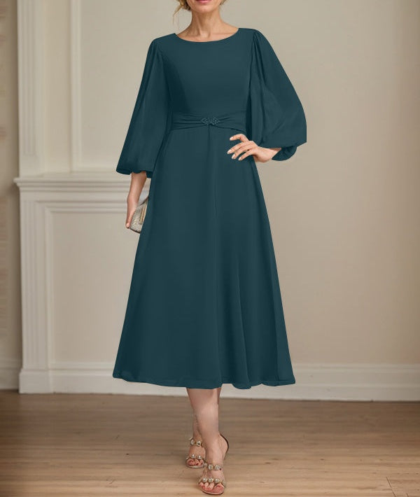 A-line Scoop Tea-Length Chiffon Mother of the Bride Dress With Crystal Brooch Pleated