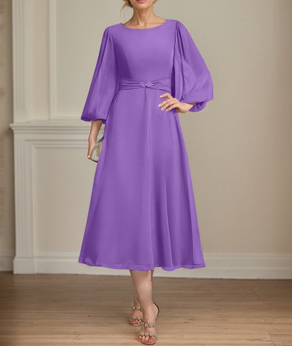 A-line Scoop Tea-Length Chiffon Mother of the Bride Dress With Crystal Brooch Pleated