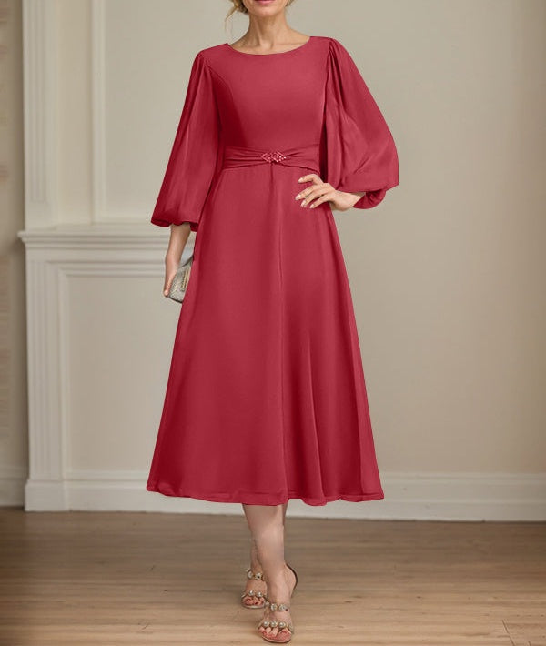 A-line Scoop Tea-Length Chiffon Mother of the Bride Dress With Crystal Brooch Pleated